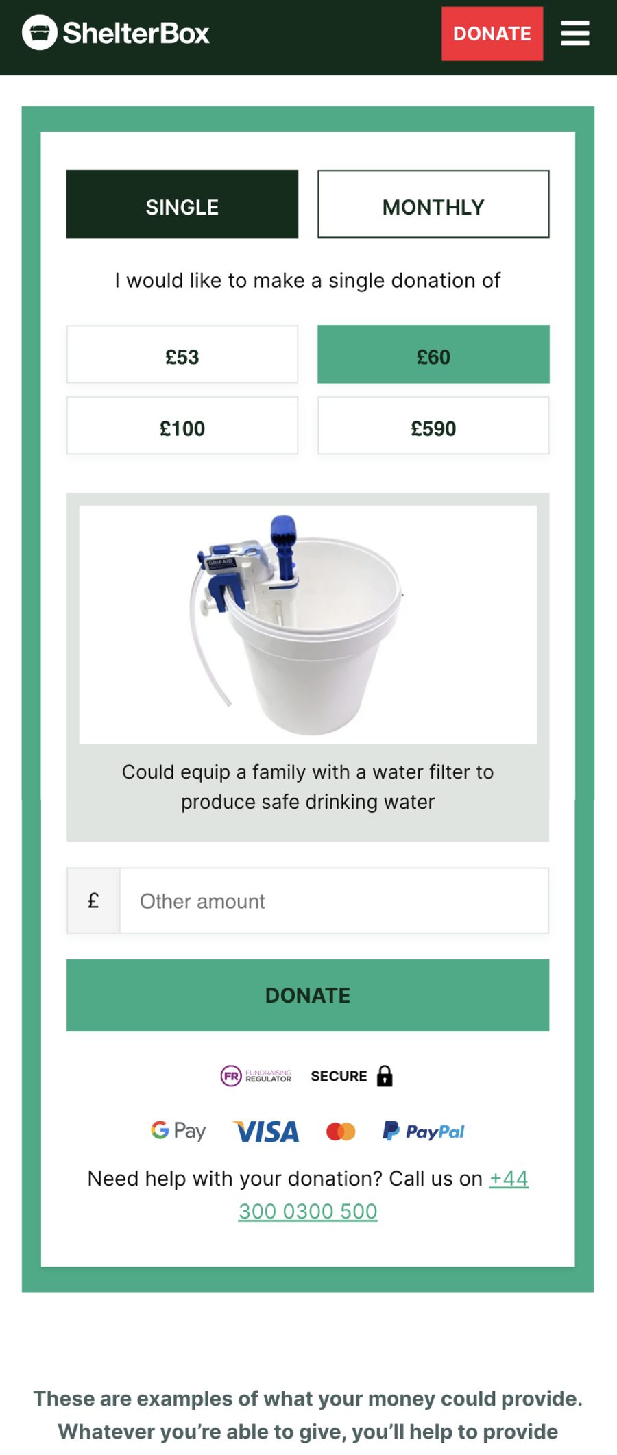 ShelterBox — mobile donation amounts